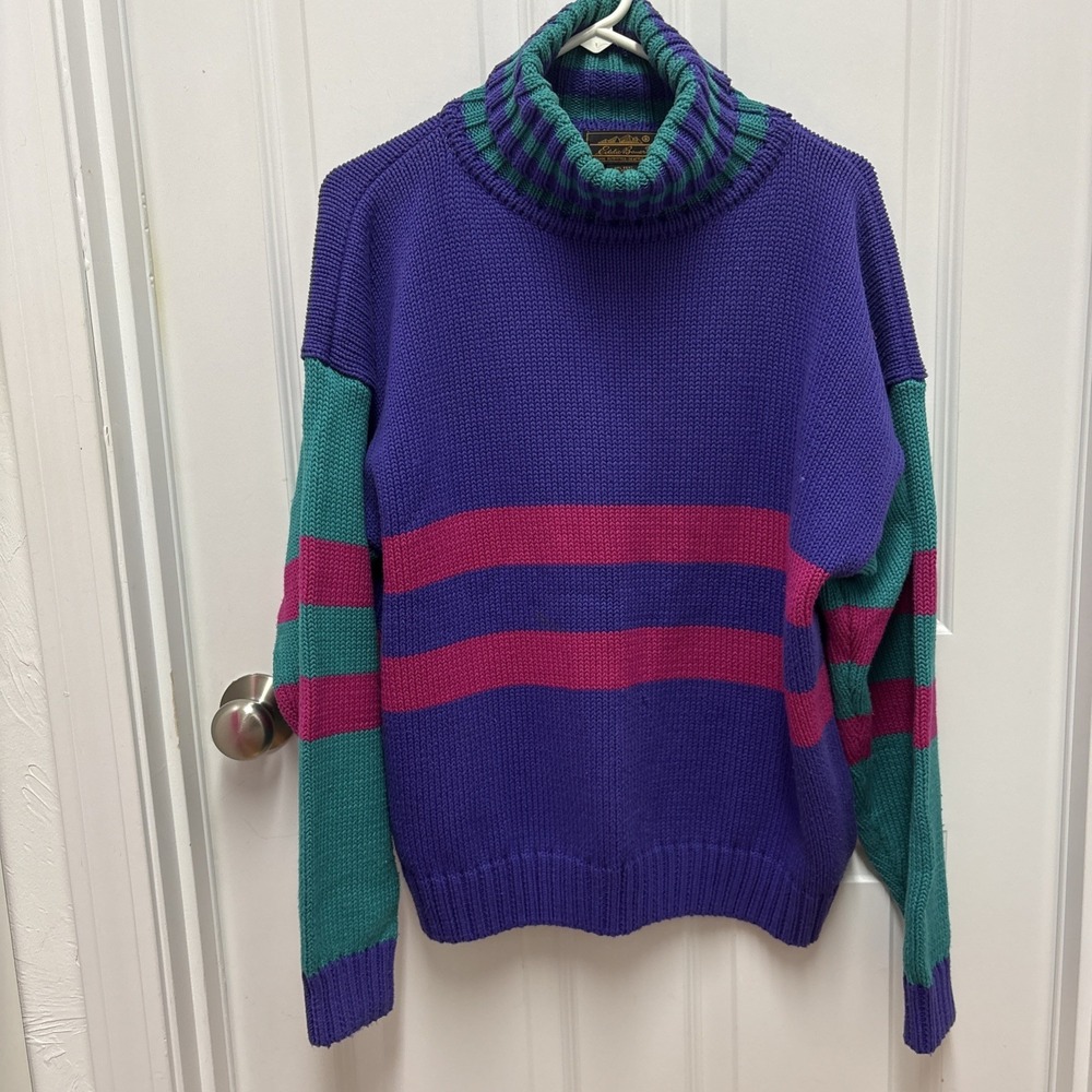 Vintage Eddie Bauer Sweater Men Large ColorBlock Crewneck Purple 80s Heavyweight